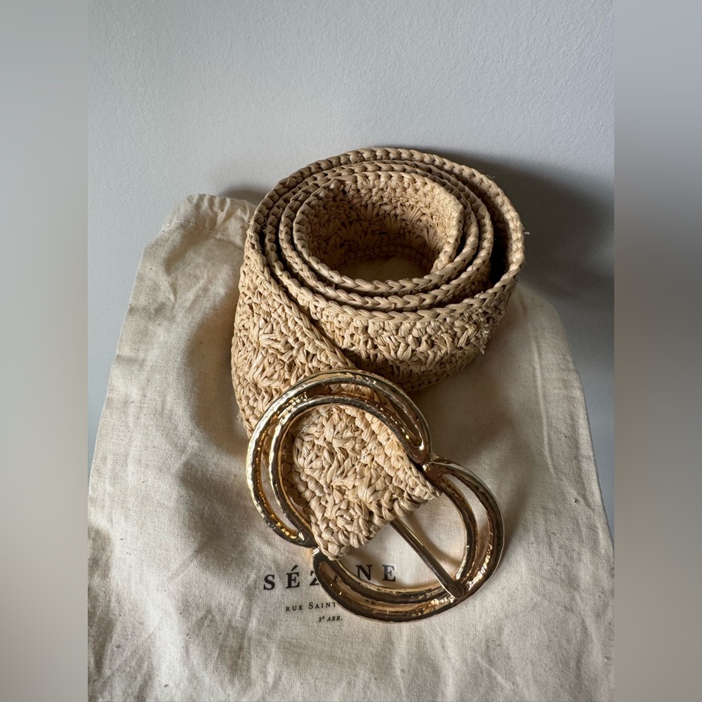 Sézane Selena Raffia Belt with Gold Buckle T. 80